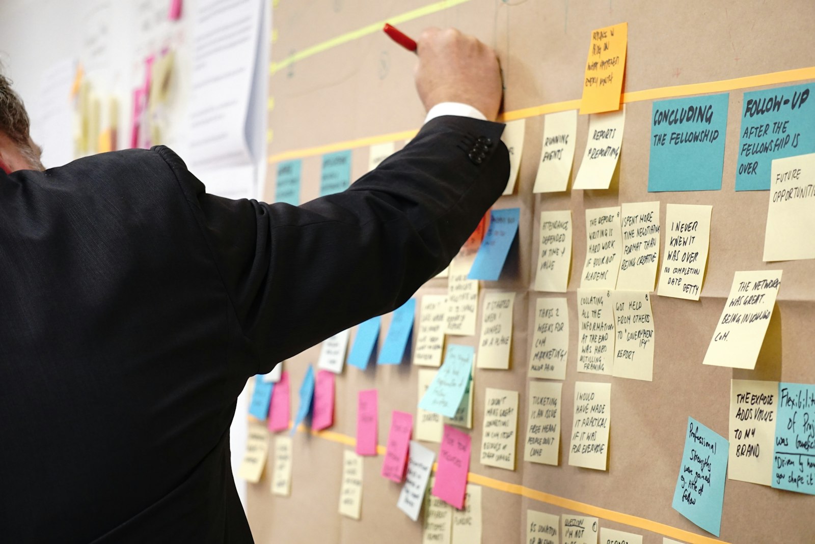 Person placing sticky notes on a glass wall during a planning workshop